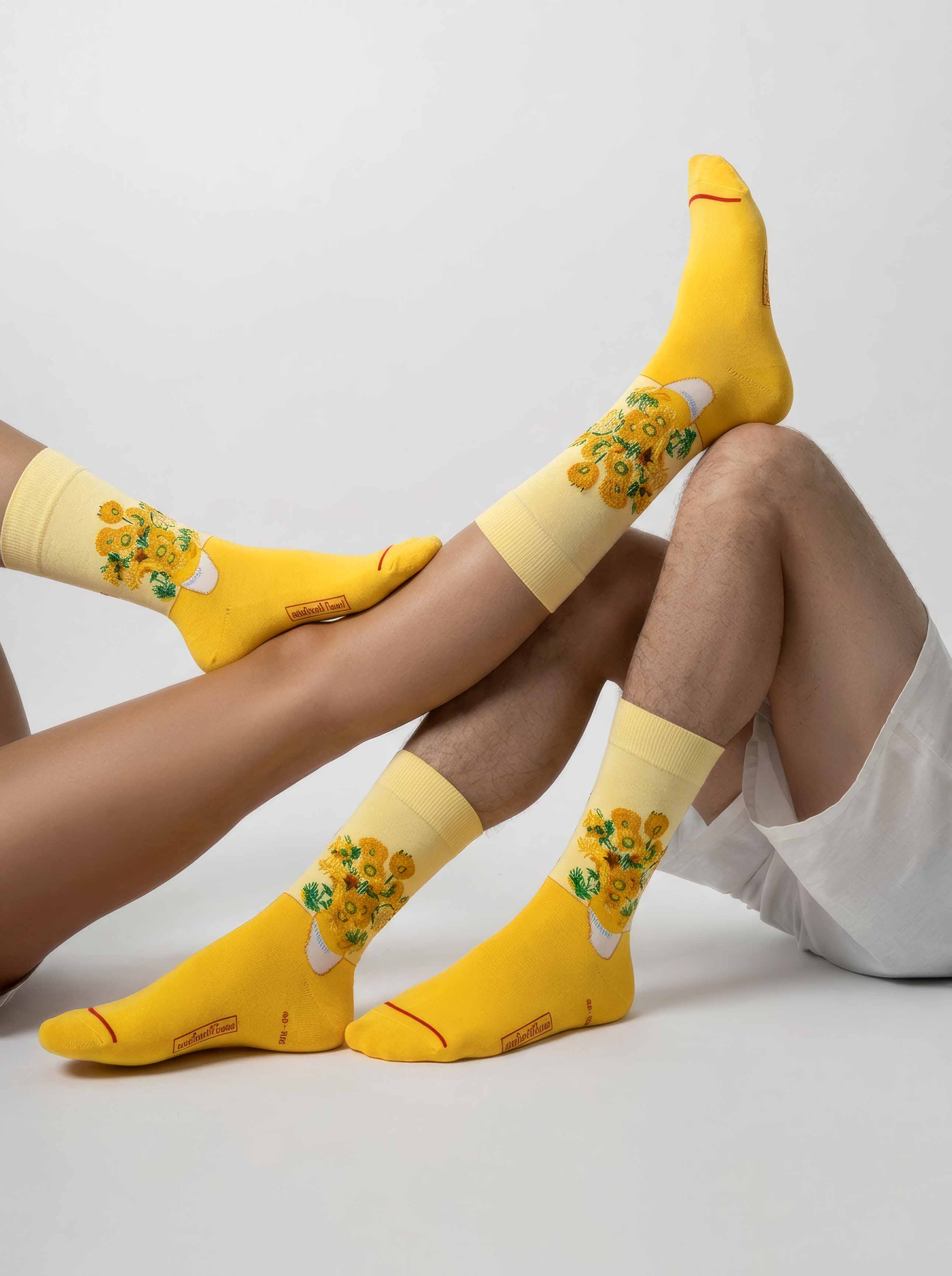 Van Gogh Sunflowers unisex art socks for men and women on white background — museum gift ArtyGifts