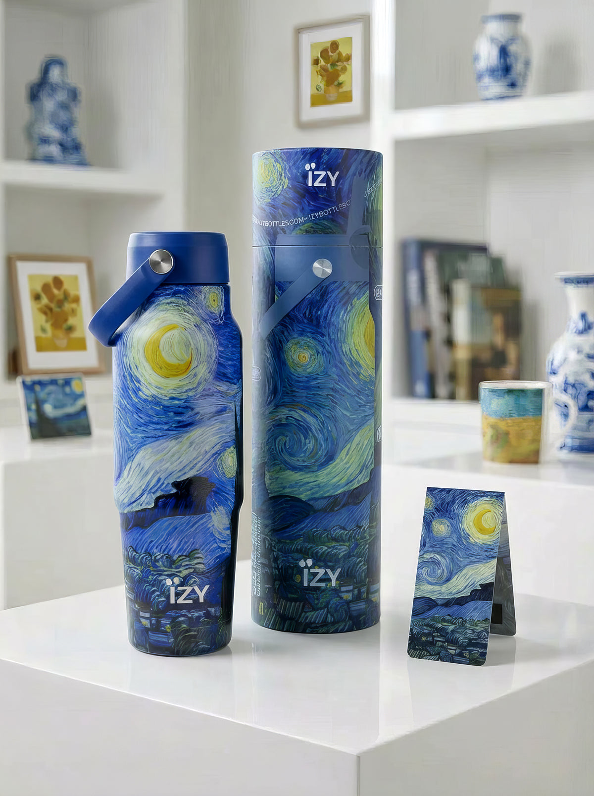 IZY x Van Gogh Museum Starry Night travel bottle gift set – 900ML with cylinder gift box and free magnetic bookmark, museum art gift from ArtyGifts