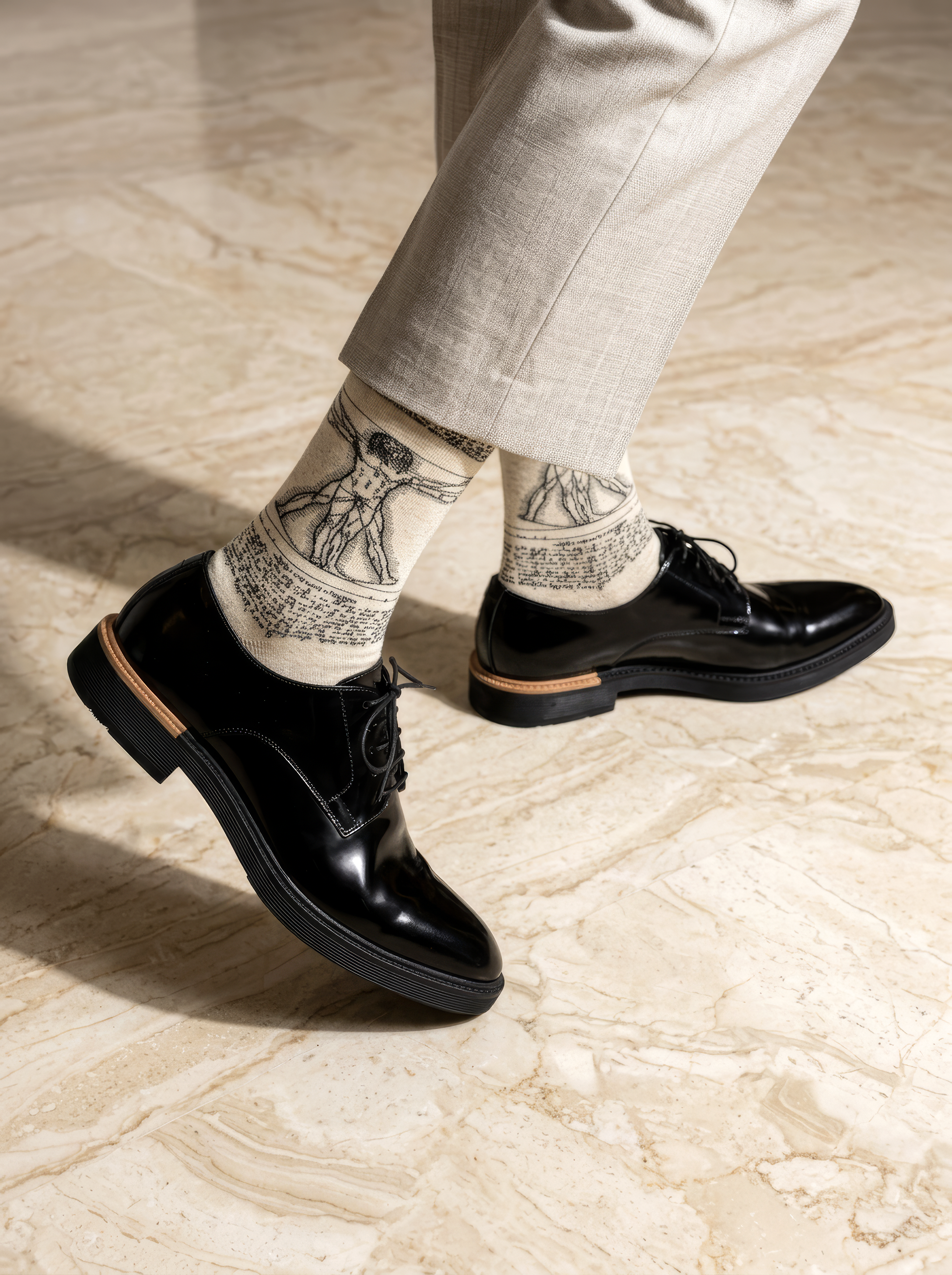 Man wearing Da Vinci Vitruvian Man art socks with black Oxford shoes — museum art gift ArtyGifts