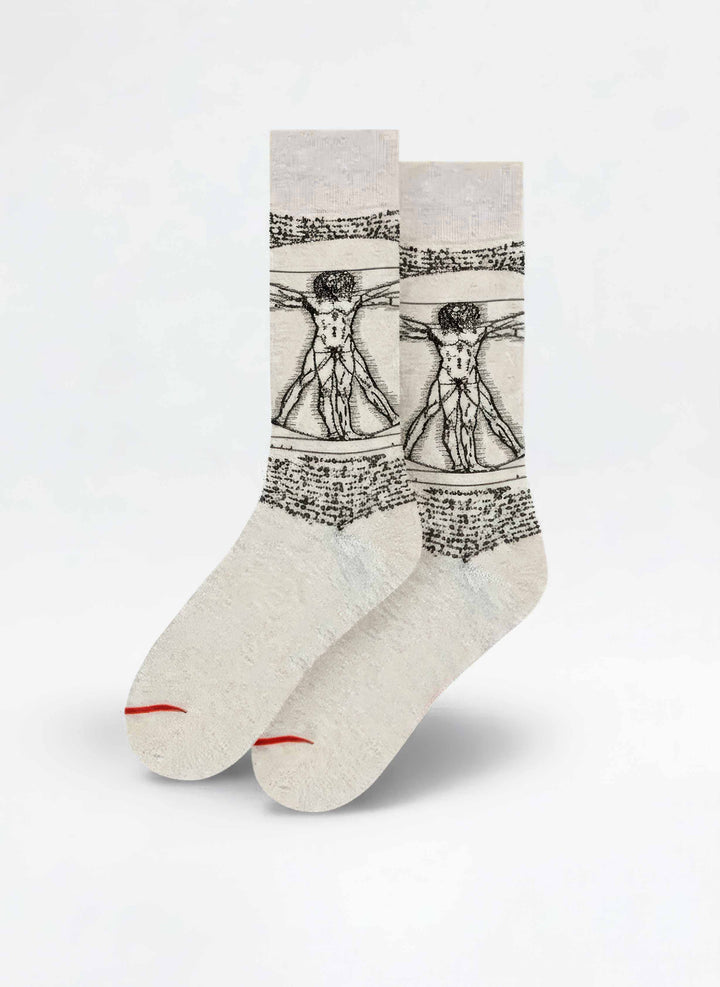 Da Vinci Vitruvian Man art socks on light background — unisex museum gift ArtyGifts