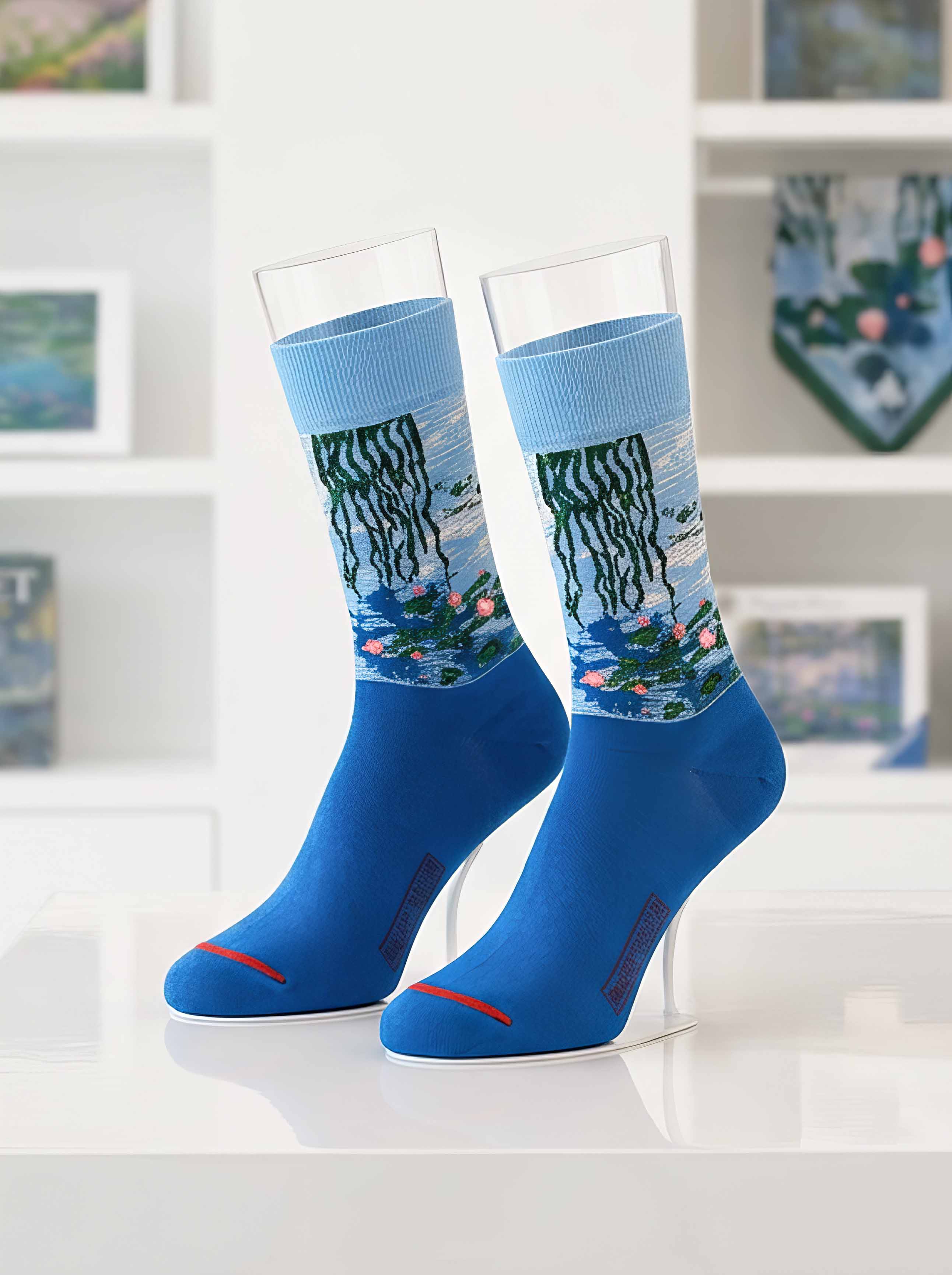 MuseARTa Monet Water Lilies art socks displayed in museum setting — unisex art gift ArtyGifts