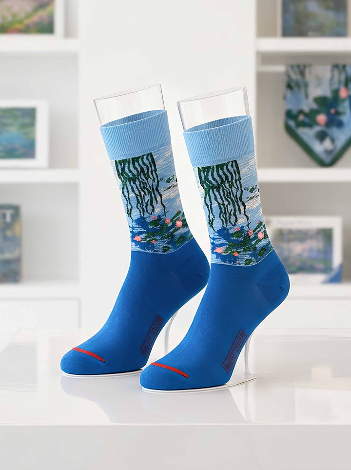 MuseARTa Monet Water Lilies art socks displayed in museum setting — unisex art gift ArtyGifts