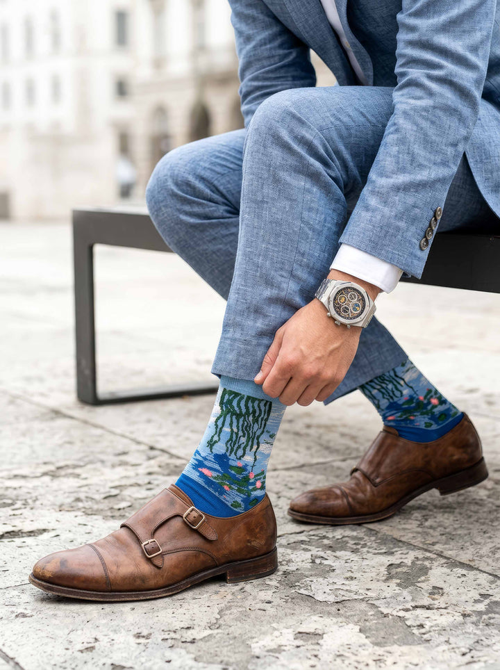 Man wearing MuseARTa Monet Water Lilies art socks with brown Oxford shoes — elegant art gift ArtyGifts