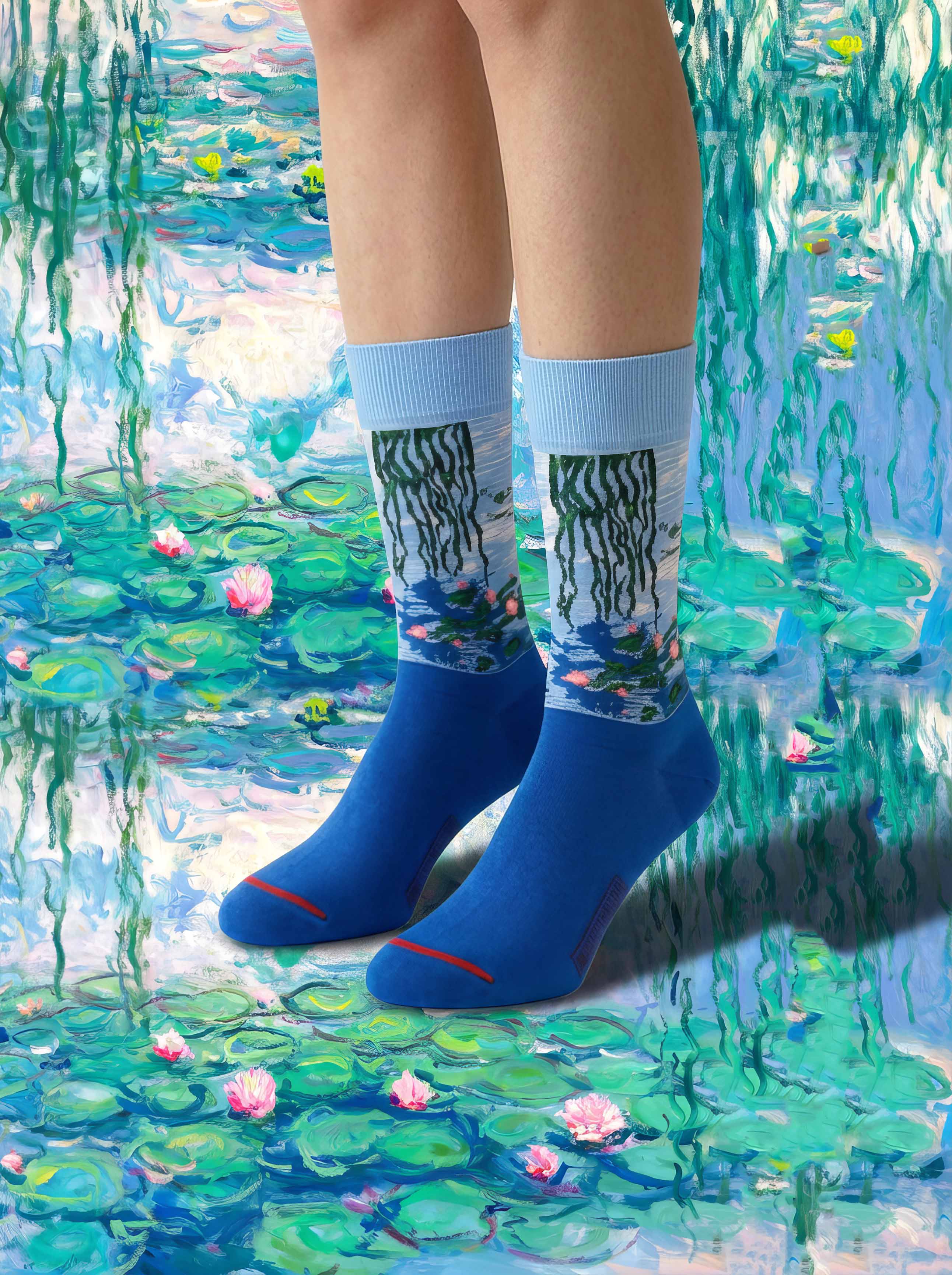 MuseARTa Monet Water Lilies art socks with Water Lilies painting in background — unisex museum gift ArtyGifts
