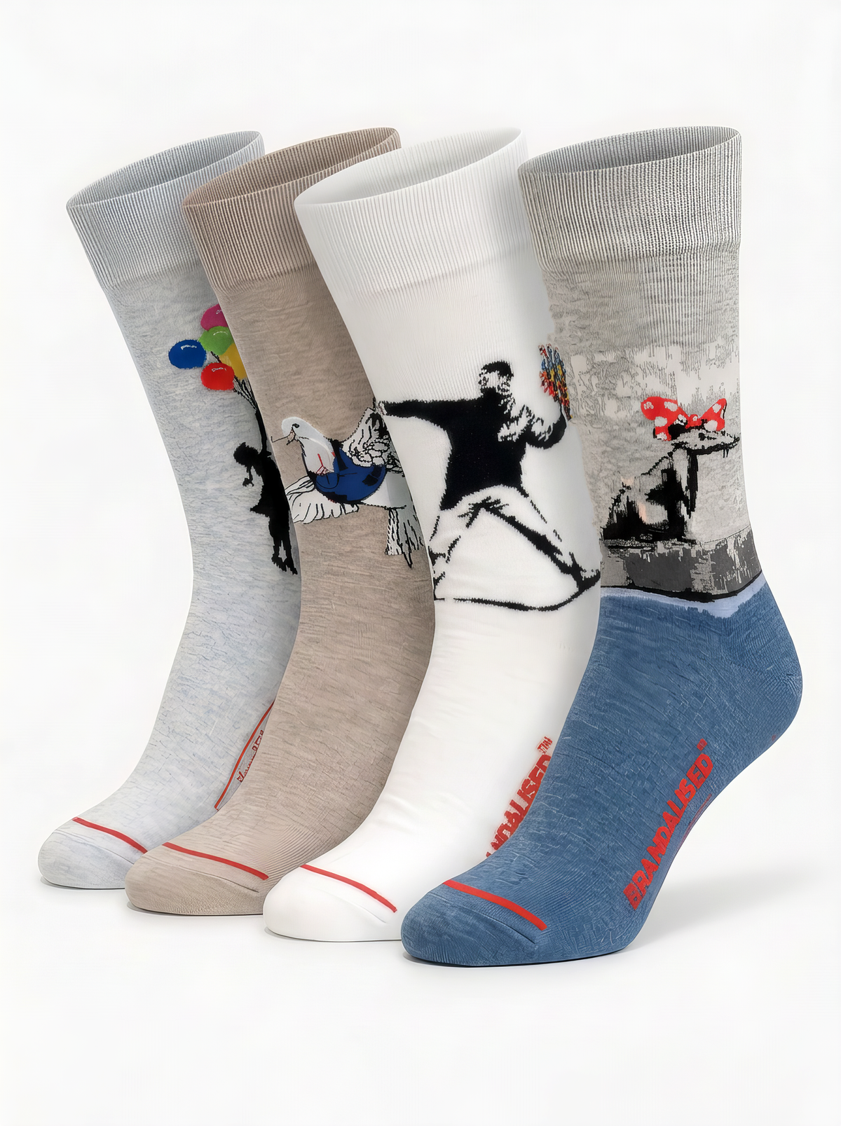 Banksy-inspired XL men's art socks 4-pack: Rainbow Balloon Girl, Peace Dove, Love Is in the Air and Polka Dot Rat, EU 46–49