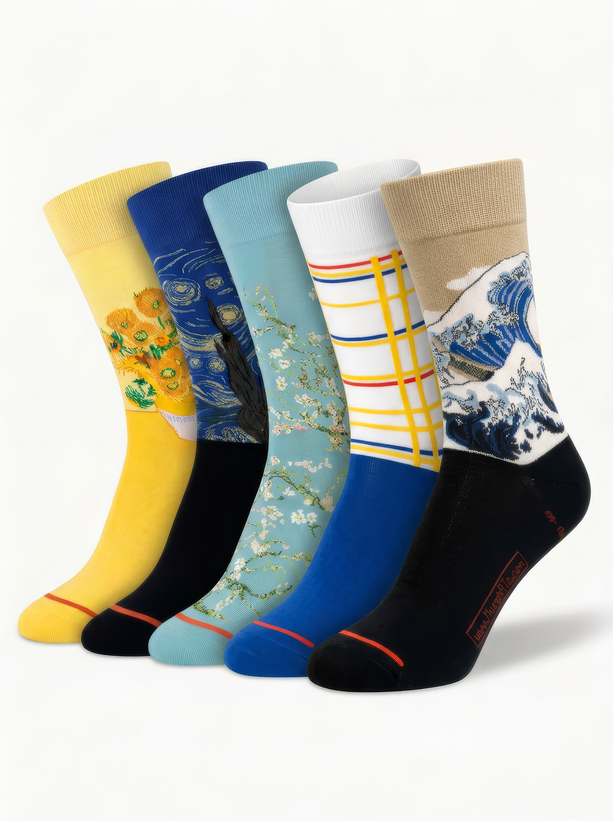 Bestseller XL men's art socks 5-pack: Van Gogh Sunflowers, The Starry Night, Almond Blossom, Mondrian New York City and Hokusai The Great Wave